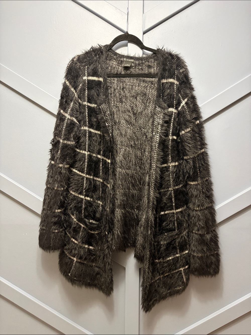 new directions Fuzzy Plaid Open-Front Cardigan - Charcoal & Cream